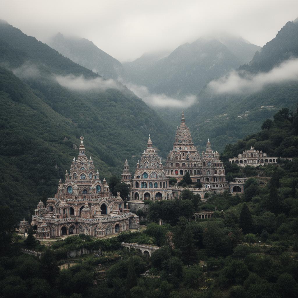 Mountain temples in mist