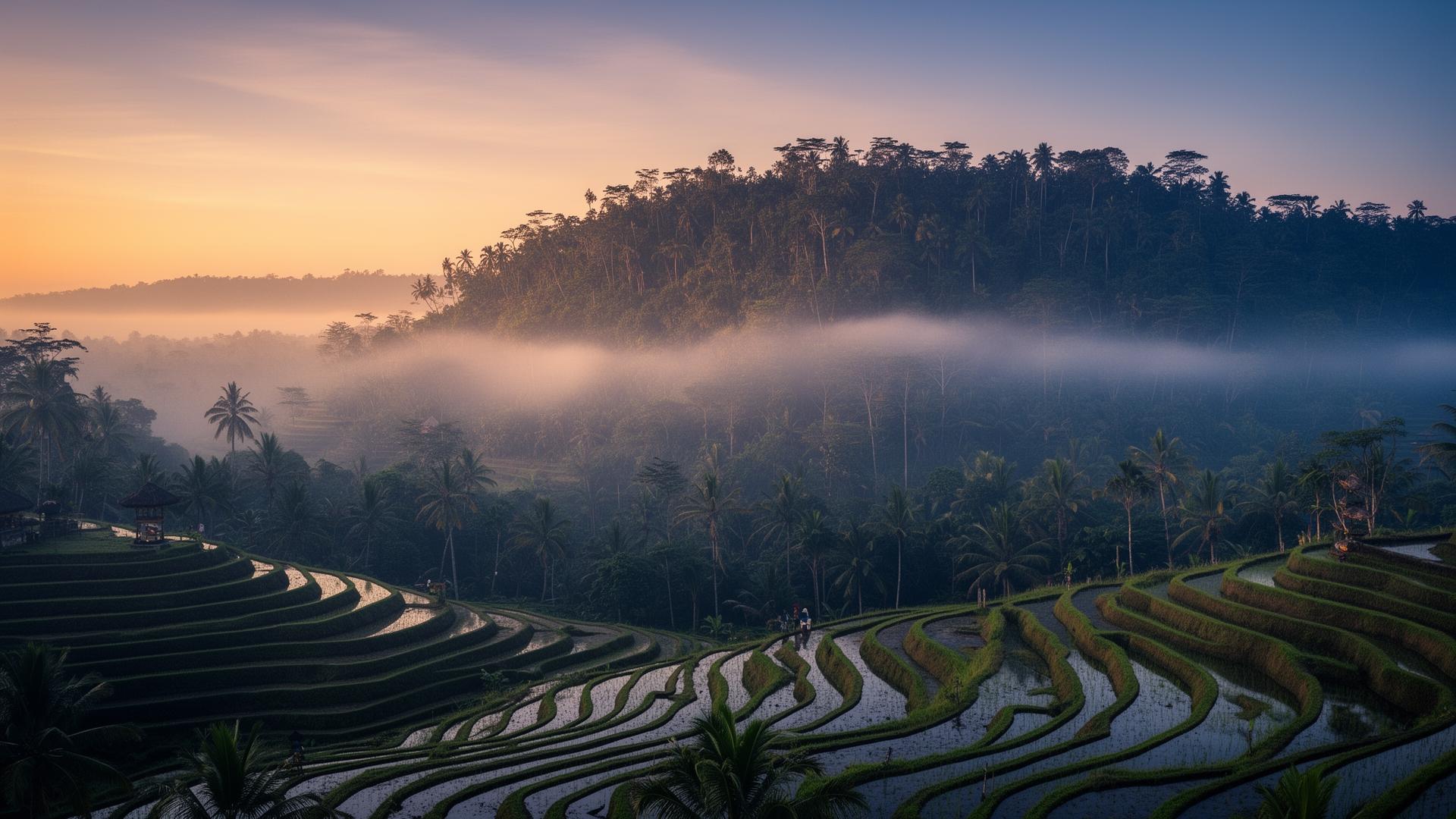 Misty Balinese rice terraces at dawn